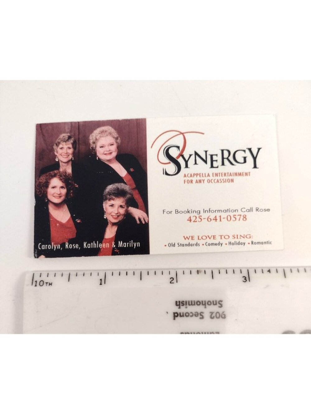 Synergy Vintage Business Card Acapella Entertainment Old Standards Comedy Holida